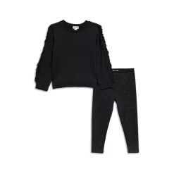 Outlet 🤩 Splendid 👧 Girls' Bloom Ruffle Trim Crewneck Sweatshirt & Solid Leggings Set - Little Kid Black 🔥