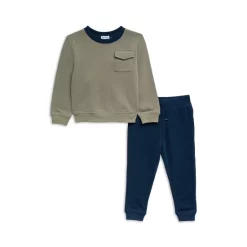 Buy 🧨 Splendid Boys' Cotton Blend Pocket Sweatshirt & Solid Sweatpants Set - Little Kid Olive Mist 🔥