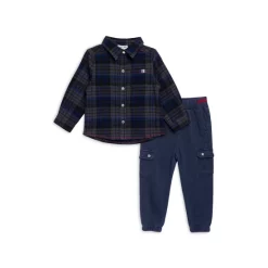 Coupon 🔥 Splendid Boys' Plaid Button Up 👕 Shirt & Cargo Jogger Pants Set - Baby Asphalt 😀